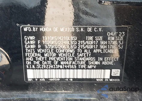 2023 Honda Hr-V Awd Lx from USA, damaged, VIN 3CZRZ2H33PM744569